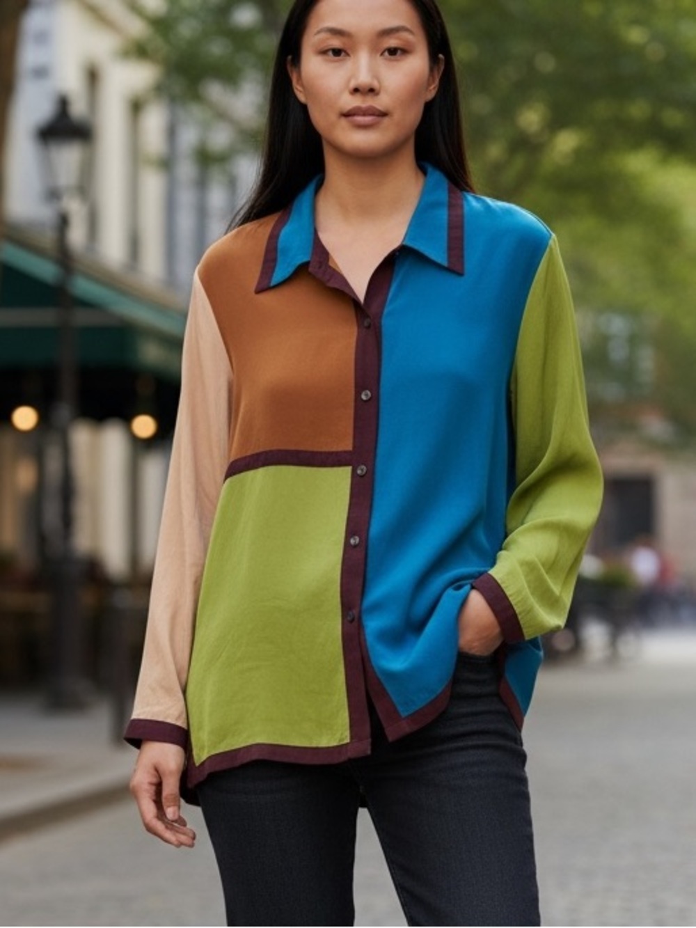 Linea Louis Dell’Olio Silk Colorblock Button Down Blouse Top Multicolor Womens L